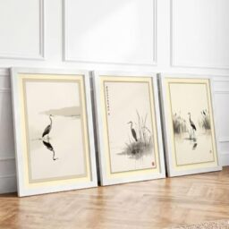 Herons in Stillness Japandi Set of 3 Framed Wall Art Prints A3