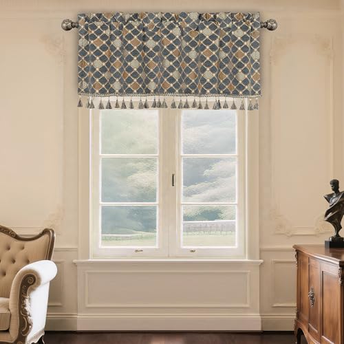 Loom and Mill Elegant Chenille Valances for Living Room Window, Chic Checkered Jacquard Window Treatment Valances with Tassels, Rod Pocket Short Curtain 1 Panel, 54??? x 18???, Blue-Grey+Khaki+Beige