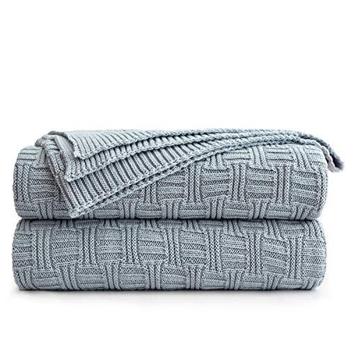 Longhui bedding Large Grey Blue Cotton Knit Throw Blanket for Couch Sofa Bed - Home Decorative Soft Cosy Sweater Woven Case Cable Knitted Blankets - Blue Grey 3.4 pounds 60 x 80 inches