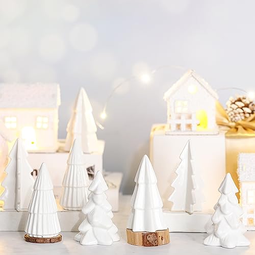 Nuenen 8 Pcs Ceramic Christmas Tree Porcelain Christmas Tree Winter Xmas Trees Mini Stoneware Trees for Mantle Table Shelf Living Room Bedroom Cabinets Office Desktop(Classic,White)