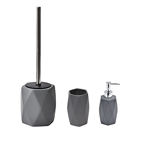 Wellhome Set of 3 Spectacular Soap Dispenser, Bath Tumbler and Brush Holder Grey Made in Stoneware 3 Pieces Diamond