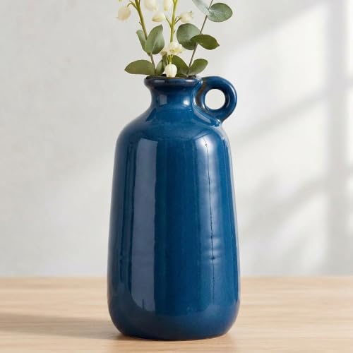 Sunddo Blue Ceramic Flower Vase 10 Inch - Tall Modern Decorative Vase with 1 Handle, Cobalt Blue Decor for Entryway & Mantel, Living Room, Table Decor