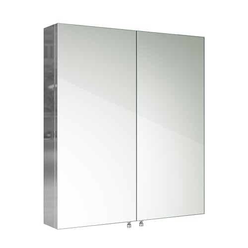 iBathUK Vienna Wall Mounted Double Door Bathroom Mirror Cabinet, Frameless Rectangular Silver Mirror, Magnetic Catch, Modern Bathroom Storage, Polished Stainless Steel, 600x670mm