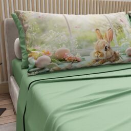 PETTI Artigiani Italiani - Easter Cotton Sheets with Pillowcases in Digital Print, Double Maxi, Complete Top and Bottom Sheet with Corners, 09 Sage, Made in Italy