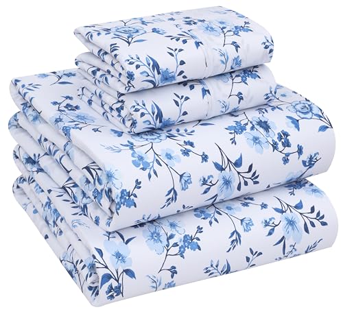 "RUVANTI 100% Cotton Full Size Bed Sheets, 4 Pieces, Soft & Breathable Percale Weave Bedding, Deep Pocket 16"", Hotel Standard, Crisp Cool Feel, Durable, Perfect Sheet Set Floral, Annual"