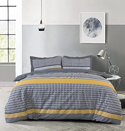 Sleepdown Stripe Geo Abstract Mono Black Grey Ochre Reversible Duvet Cover Quilt Pillow Cases Bedding Set Soft Easy Care - Double (200cm x 200cm)