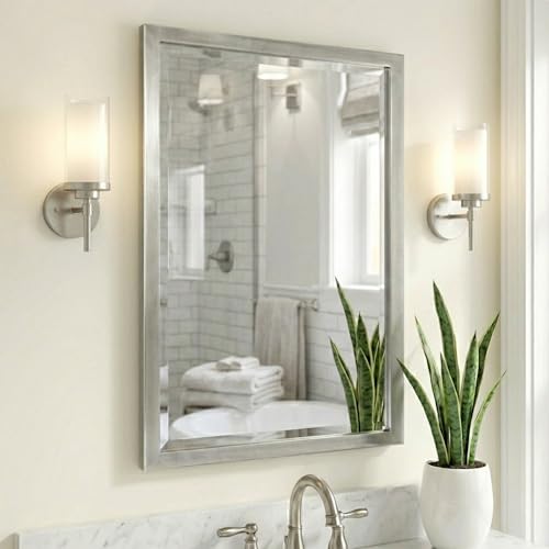 "Head West Brushed Nickel Bathroom Vanity Mirror, Beveled Stainless Steel Decorative Mirror for Wall Decor, Metal Rectangle Bathroom Mirrors for Over Sink, Bedroom, Living Room Entryway Hallway 24""x30"""