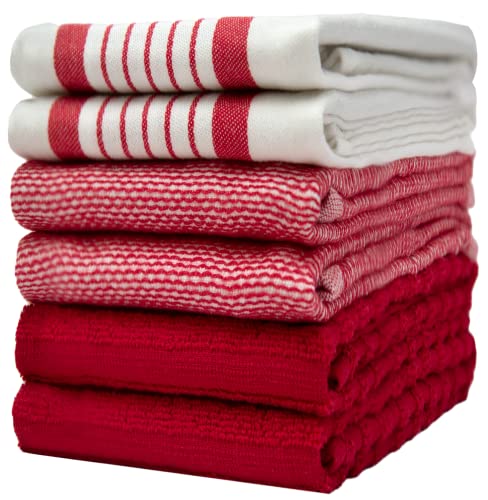 6 Pack Large Tea Towel Set - Absorbent Kitchen Hand Towels - Soft Cotton Dish Towels - Horizontal Ribbed Flat & Terry Towel with Hanging Loop - Vibrant Dyed - Red (50 x 70cm)