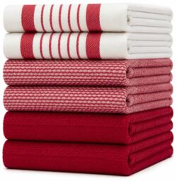 6 Pack Large Tea Towel Set - Absorbent Kitchen Hand Towels - Soft Cotton Dish Towels - Horizontal Ribbed Flat & Terry Towel with Hanging Loop - Vibrant Dyed - Red (50 x 70cm)