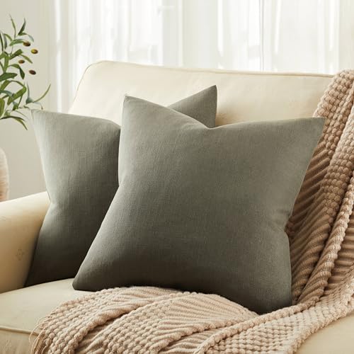 ZeeMart Rustic Linen Throw Pillow Covers Set of 2, Olive 18x18in - Textured Pillow Case, Rustic Cotton Linen Fabric, Modern Farmhouse Cushion Covers for Sofa Bed Living Room Home Decor