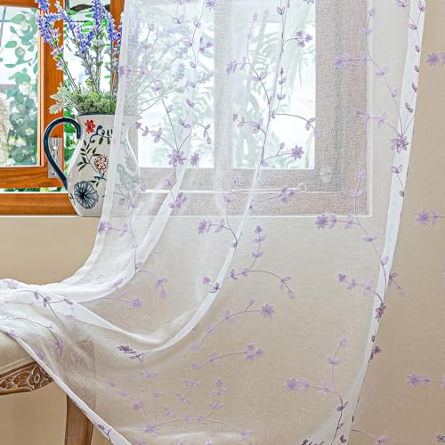 AmHoo 2 Panels Leaf Flora Embroidered Farmhouse Semi Sheer Curtain Voile Curtains for Living Room Bedroom Window Treatment White Lavender Purple 53 x 96 Inch