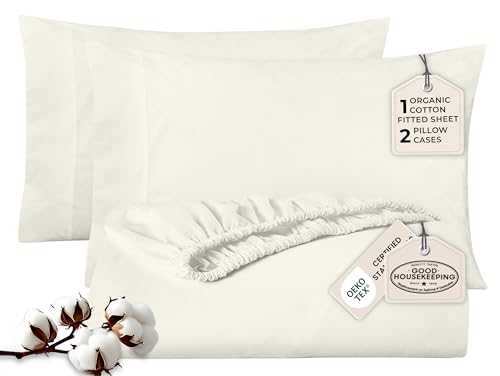 ROYALE LINENS 300 Thread Count 100% Long Staple Combed Cotton 3 Piece Full 1 Fitted Sheet, 2 Pillow Cases - Breathable, Cool & Crisp Percale Sheet Set (Full, Ivory)