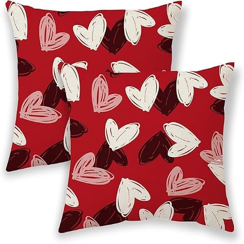 BETGINY Valentines Pillow Covers 22x22, Red Pink Love Heart Outdoor Decorative Throw Pillows for Couch, Anniversary Decor Cushion Cover 2 Pcs Farmhouse Linen Pillowcase for Bed Car Safa