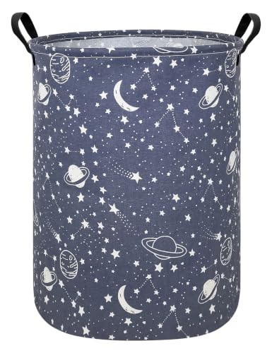 QUEENLALA Large Storage Basket,Laundry Hamper/Bathroom/Home Decor/Collapsible Round Storage Bin,Boys and Girls Hamper/Boxes/Clothing(Round-blue-starry sky)