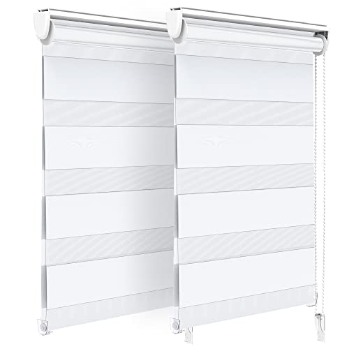 VOUNOT® Set of 2 Day and Night Blinds No Drill, Zebra Roller Blinds for Windows, Double Layer Translucent and Blackout Fabric, Easy Installation Window Shades, White, 50 x 150 cm