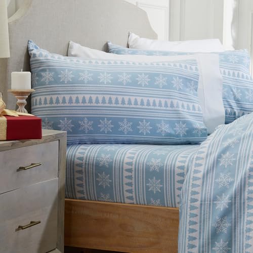 Market & Place 100% Cotton Full Flannel Sheet Set - 4 Piece Deep Pocket Novelty Cozy Winter Bed Sheets - Double Brushed for Extra Softness & Comfort - Alpine Collection (Full, Striped Snowflake)