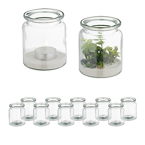 Relaxdays Candle Holders, Set of 12, Simple Glass Jars, Tealight Table Decor, 9.5 x 8 cm, Indoors & Outdoors, Clear