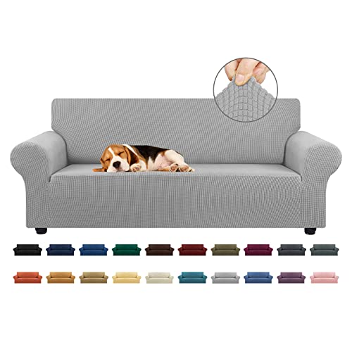 "KEKUOU Stretch Sofa Cover Slipcover ???Couch Covers for 3 Cushion Couch Sofa (79""-94"") Furniture Protector 3 Seater Sofa with Elastic Bottom for Kids,Dog, Jacquard Small Checked(Large,Silver)"