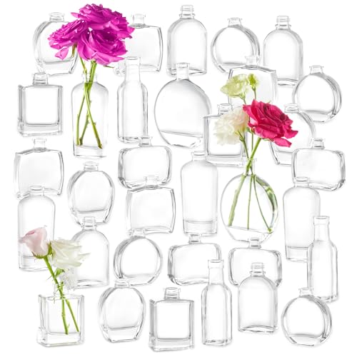 33pcs Glass Small Bud Vases Set - 9 Styles Clear Bud Vase for Centerpieces, Wedding, Home Table Flower D??cor Perfume Bottle Inspired Clear Flower Vases in Bulk