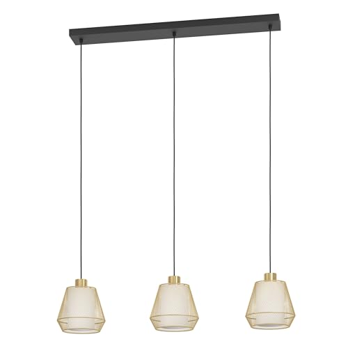 Eglo Pendant Lamp Ciudadela, 3-Light Above Dining Table, Room Light in Diamond Shape Made of Metal Brass and Black, Textile White, with E27 Socket, 88 cm