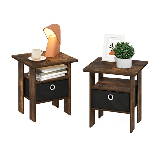 Furinno ANDREY Side Table, Set of 2 End Table, Night Stand with Open Shelves and Storage Bin, Bedside Table, for Living Room, Bedroom, Amber Pine
