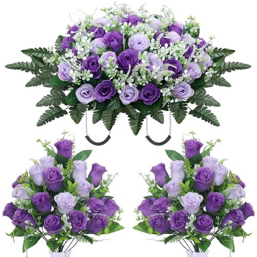 LOSFOTBO 3pcs Headstone Flowers Saddle for Tombstone,Cemetery Flower Memorial Bouquet with Vase,Rose Headstone Flowers Saddle (Purple)