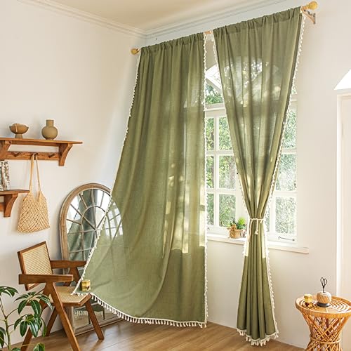 "Sutuo Home Boho Curtains for Bedroom 84 Inches Long, Bohemian Linen Textured Curtains with Tassels, Semi Blackout Farmhouse Drapes, Rod Pocket Window Treatments 2 Panels, 52"" x 84"", Olive Green"