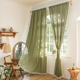 "Sutuo Home Boho Curtains for Bedroom 84 Inches Long, Bohemian Linen Textured Curtains with Tassels, Semi Blackout Farmhouse Drapes, Rod Pocket Window Treatments 2 Panels, 52"" x 84"", Olive Green"