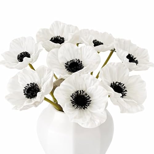 Floral Kingdom 8 pcs Real Touch Anemone Poppy Bouquet for Artificial Flower Decor (White)