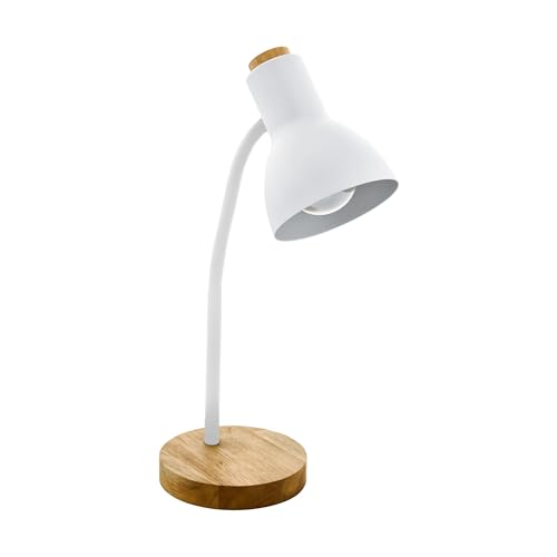 EGLO Desk lamp Veradal, Scandinavian Bedside Table Light Made of Metal, White Plastic and Wood, Office Lighting with Switch, E27 Socket