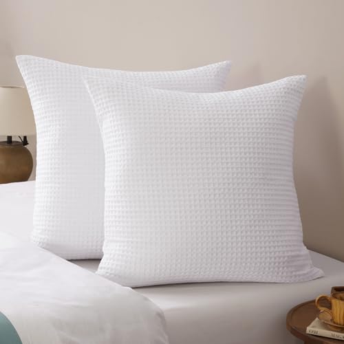 "PHF Ultra Soft Waffle Weave Euro Shams Pillow Covers, No Filling, 2 Pack 26"" x 26"" Bed Cushion Covers, Breathable & Skin-Friendly Bed Pillow Shams for Stylish Home Decor, White"