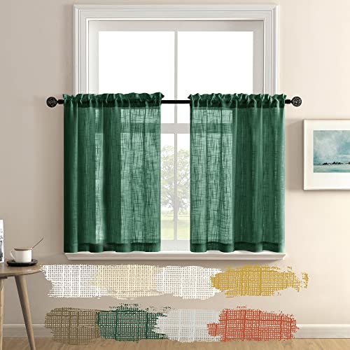 Hunter Green Kitchen Curtains Christmas Decorations Room Decor Short Bathroom Semi Sheer Linen Cafe Tier Dark Emerald Green Curtains for Bedroom Small Window Treatments Sets 2 Pack 24 Length Evergreen