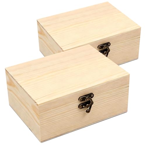 "VIKOS Products (2-Pack Unfinished Unpainted Wooden Box with Hinged Lid for Crafts DIY Storage Jewelry Plain Pine Box - Small 6.7""x5.1""x3.1"""