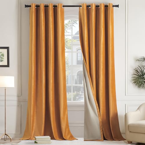 GIGIZAZA 100% Blackout Velvet Curtains 120 Inch 2 Panels, Mustard Yellow Window Drapes Lining Thermal Insulated Luxury Curtain for Living Room Darkening Bedroom