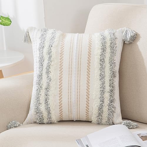 decorUhome Light Grey and Cream White Throw Pillow Cover 20x20 Pack of 1 - Decorative Boho Accent Pillow Cover Neutral Modern Farmhouse Tufted Textured Pillow Cover for Couch Bed Sofa