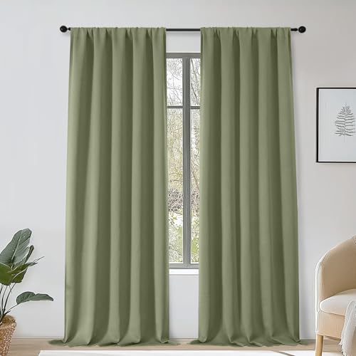 OWENIE Sally Sage Green Blackout Curtains 96 Inches Long 2 Panels Set for Bedroom Living Room, Solid Thermal Insulated Privacy Room Darkening Window Treatment Drapes, 2 Pcs Each W50 x L96 Inch, Sage