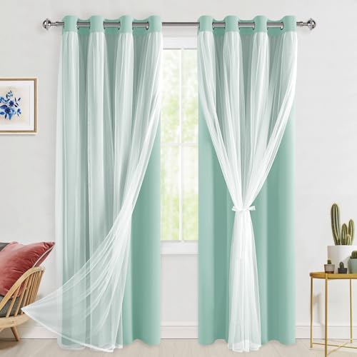 Hiasan Aqua Blackout Curtains with Sheer 84 Inches Long, Thermal Insulated Mix Match Double Layer Room Darkening Curtains for Bedroom, Living Room, 2 Window Drape Panels with Tiebacks, 52W X 84L