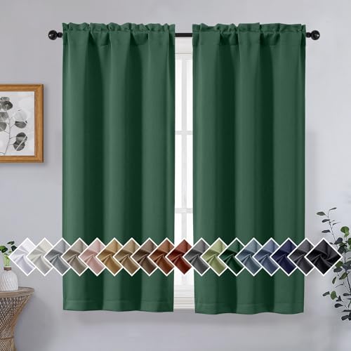 OVZME Christmas Green Short Blackout Curtains for Bedroom 45 Inches Long 2 Panels Set, Solid Thermal Insulated Blackout Curtains, Energy Saving Soft Fabric Window Drapes, Rod Pocket, 2x40Wx45L Inches