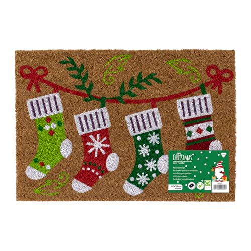 JVL Festive Latex Backed Coir Entrance Doormat, 40x58cm, Stockings