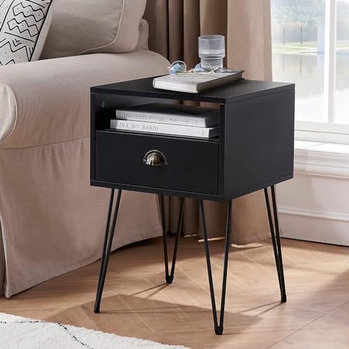 VECELO Bedside Tables, Mid-Century Modern Sofa Side/End Cabinet with Drawer and Storage Shelf for Living Room Bedroom