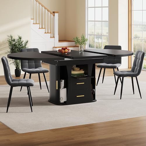 FAVSH Extendable Dining Table with Three-Tier Storage,Extendable Table Top Round Dining Table,Extends to Oval,118–158 cm,Seats Up to 6 People,for Small Space,Dining Room,Black