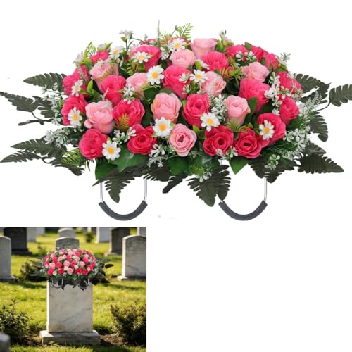 Wocst Headstone Flower Saddle,Large Artificial Cemetery Flowers for Grave Artificial Roses Daisy Saddle for Cemetery Headstone (Pink)