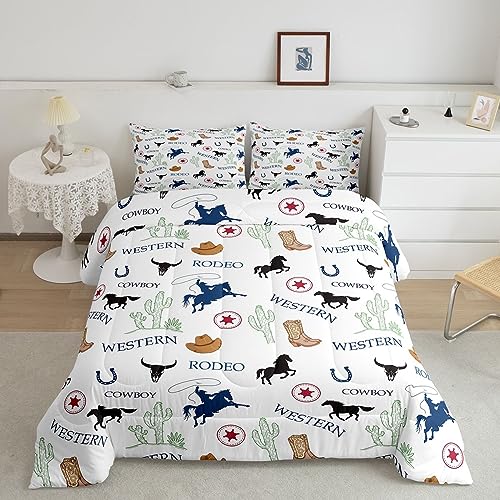 Western Bedding Set Kids Twin Size Cartoon Cowboy Cactus Cattle Skull Print Comforter Set 2Pcs,Rustic Farmhouse Quilt Set American Southwest Duvet Insert for Boys Men Adult Room Decor,White