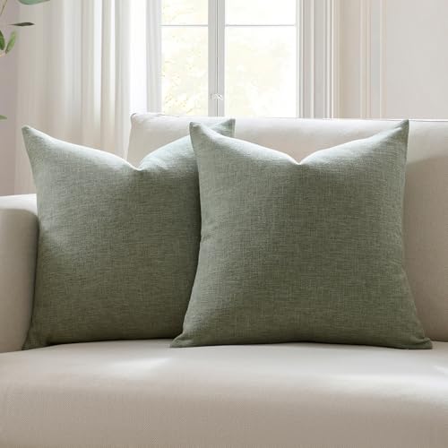 Meekio Set of 2 Dark Sage Throw Pillow Covers 20x20, Modern Farmhouse Linen Blend Decorative Pillow Covers for Couch Sofa Bed, Neutral Home Decor