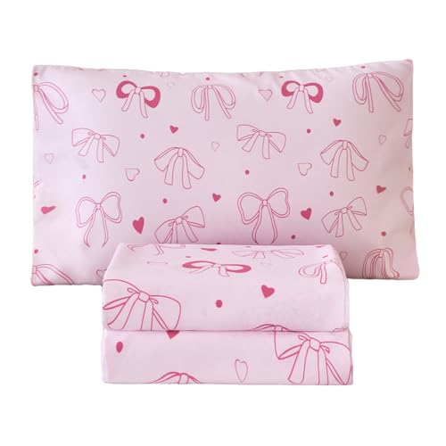 WINLIFE Pink Bow Kids Sheet Set Full Size, 4 Pcs Girls Pink Bowknot Heart Dots Printed Bed Sheets, Soft Microfiber Deep Pocket Kids Bedding