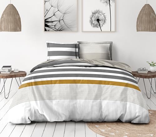 Duvet Cover Set 220 x 240 cm – 3 Pieces – Soft Cotton Percale – Duvet Cover + Pillowcases – White & Ochre Grey – La Courtisane Model