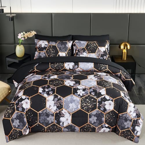 ZRNBAST 7 Pieces Full Comforter Sets, Black Geometric Bed in A Bag with Sheets, Floral Print Bedding Sets, Soft Lightweight Microfiber Bed Set for All Season(Black Floral,Full)