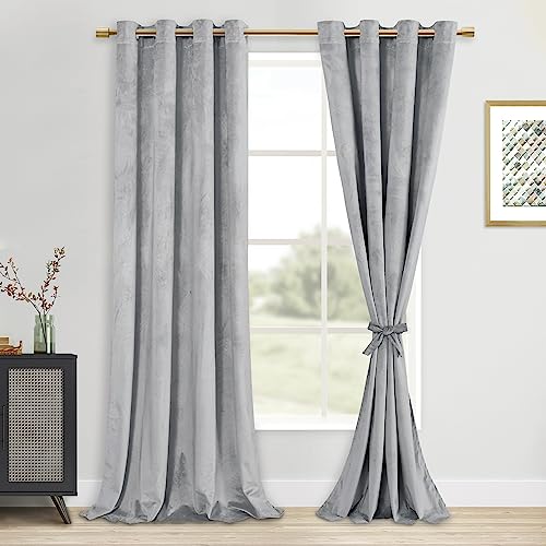 DWCN Velvet Curtains - 108 Inches Long Thick Grommet Tieable Window Treatments Room Darkening Privacy Protect Drapes for Bedroom Living Room Home Decor, Sliver Grey, W52 x L108, 2 Panels