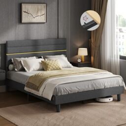VASAGLE King Bed Frame, for 150 x 200 cm Mattress, Adjustable Upholstered Headboard, Metal Frame, Wooden Slats, Modern, Slate Grey RMB507GN01