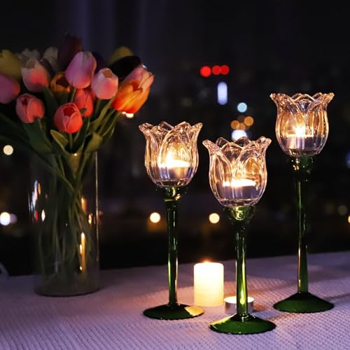 VOHO Tulips Clear Candle Holder Holder Set of 3, Christmas Candle Holder - Varying Heights Flower Candle Holder Decor for Wedding Centerpieces Tables, Glass Tealight Candle Holder Gifts for Friends
